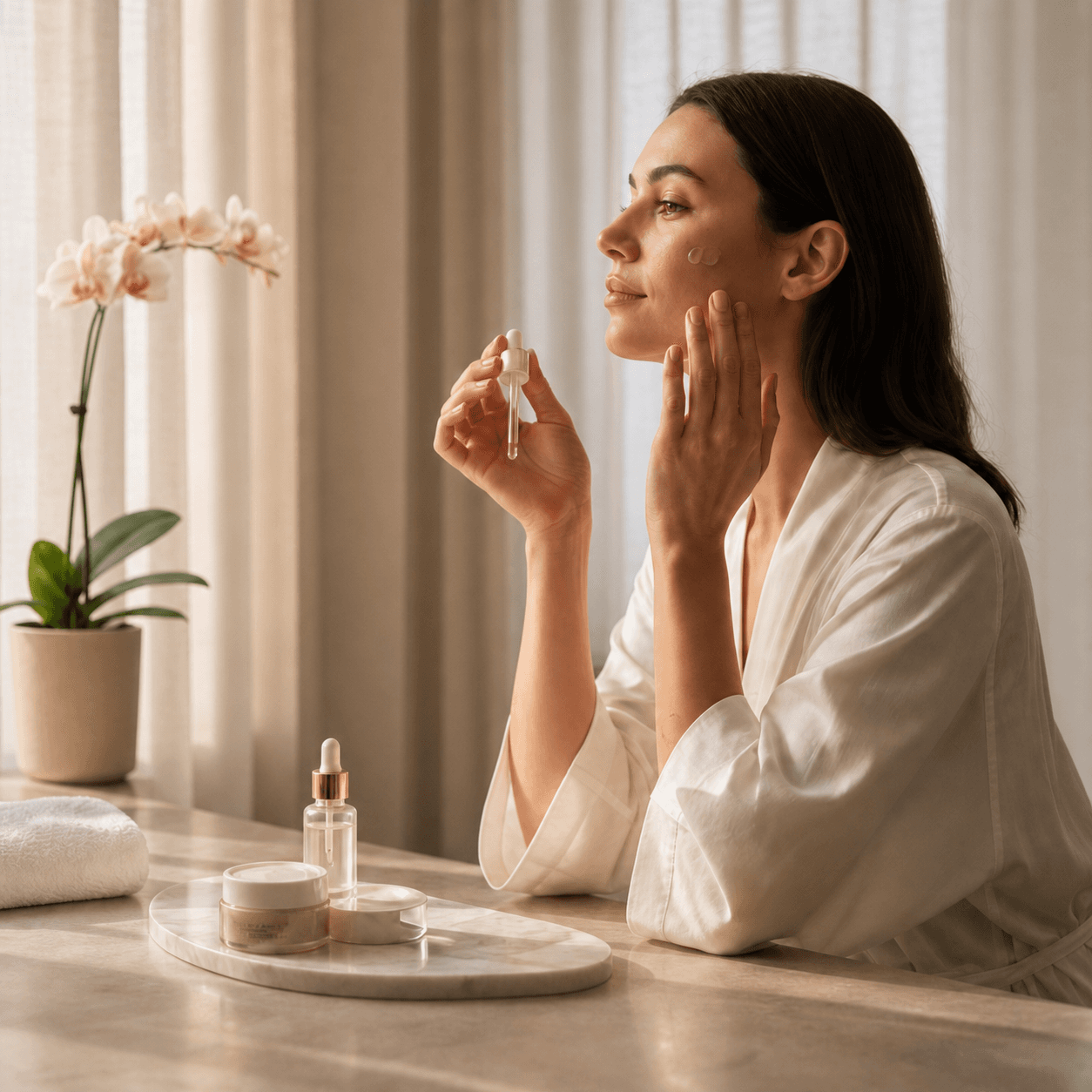 A professional applying skincare as part of a daily routine